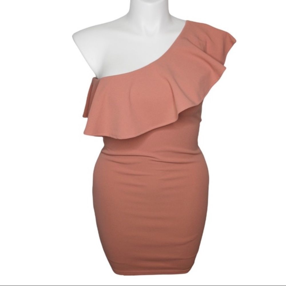 Guess Ruffle One Shoulder Mini Dress Dusty Rose Pink Large